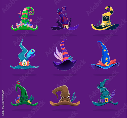 Cartoon Halloween witch hats, pointed and mysterious, adorned with twisted brims, feathers, skulls, plants and colorful hues, casting an enchanting aura. Vector hag caps, symbols of magic and spells