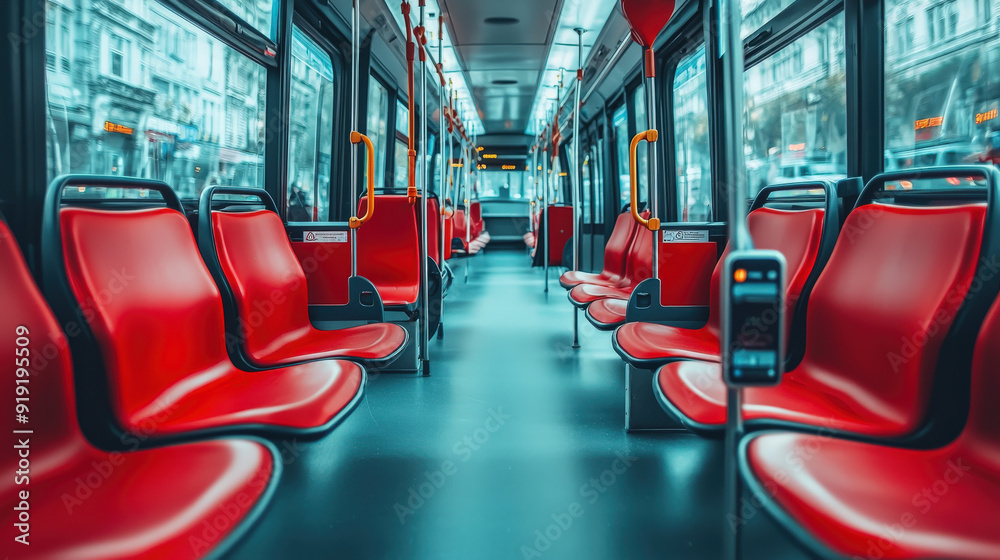 Fototapeta premium Empty urban bus lounge with red seating in daylight
