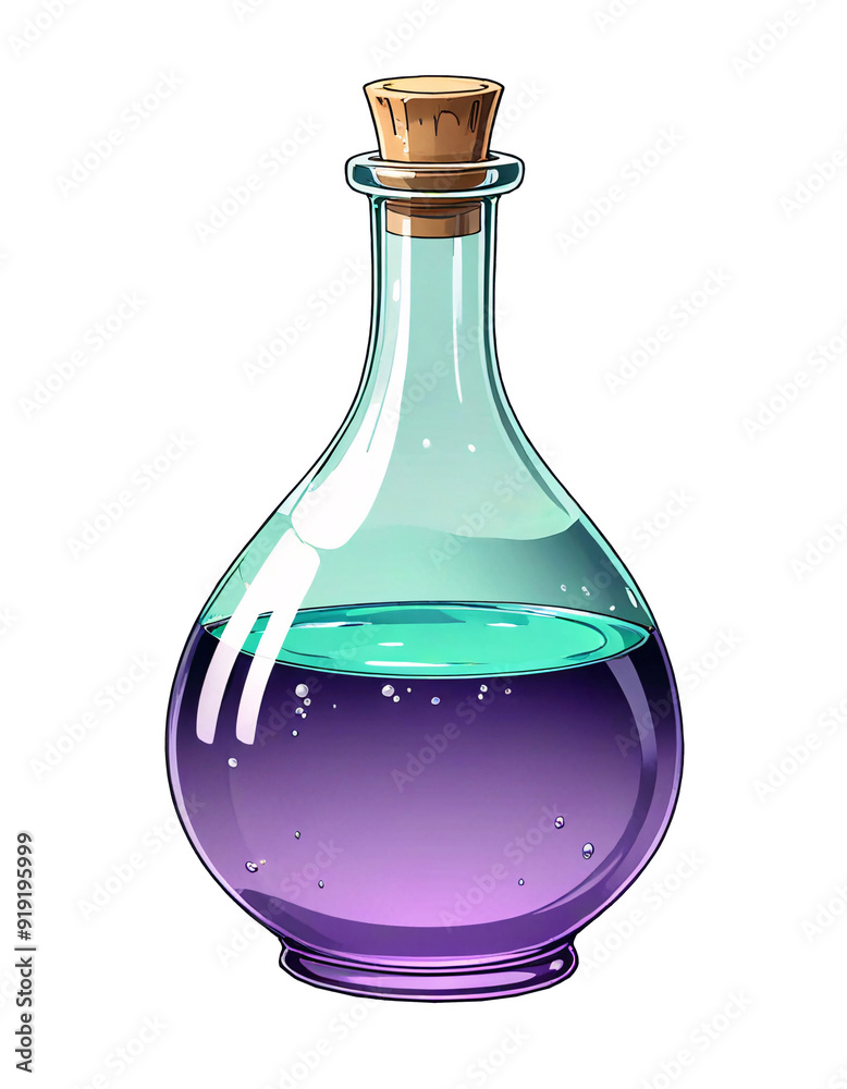Purple cartoon magic potion in glass bottle on white or transparent background Purple cartoon magic potion in glass bottle on white or transparent background
