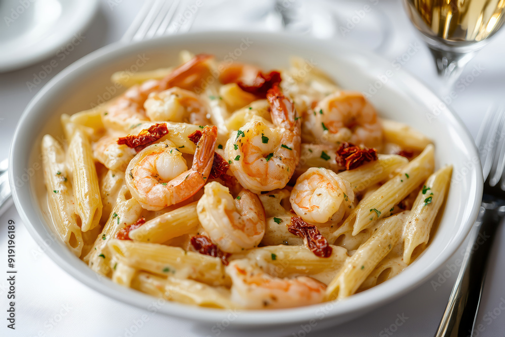 Shrimp pasta with sun dried tomatoes and basil in creamy mozzarella sauce. Shrimp pasta with sun dried tomatoes and basil in creamy mozzarella sauce.