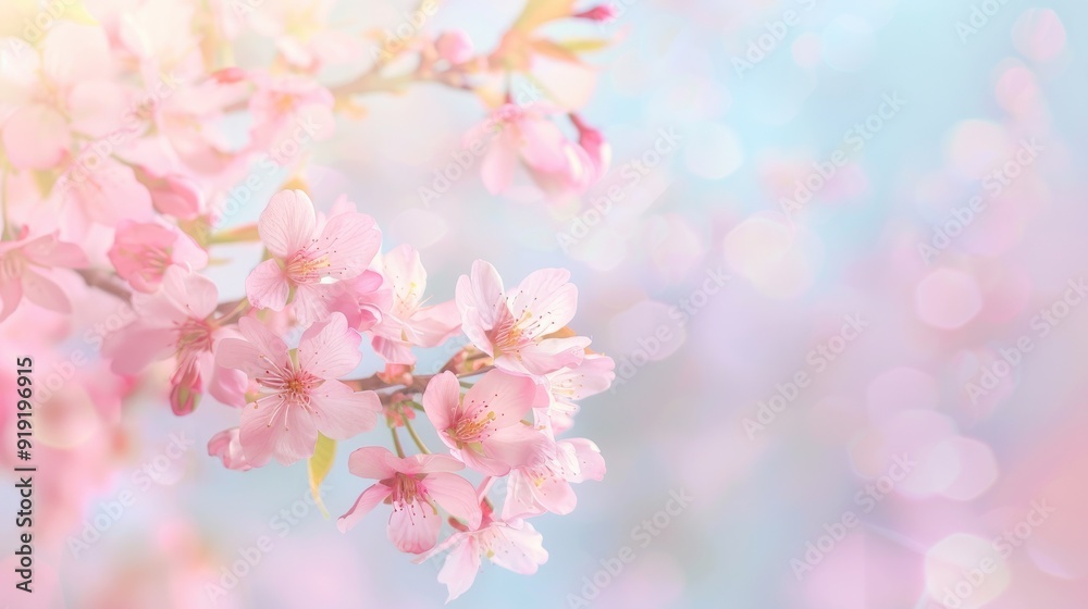 Soft Pink Cherry Blossoms on a Light Blue Background. Soft Pink Cherry Blossoms on a Light Blue Background.