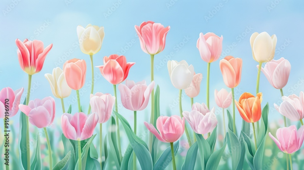 Pink and White Tulips in a Field Background Pink and White Tulips in a Field Background