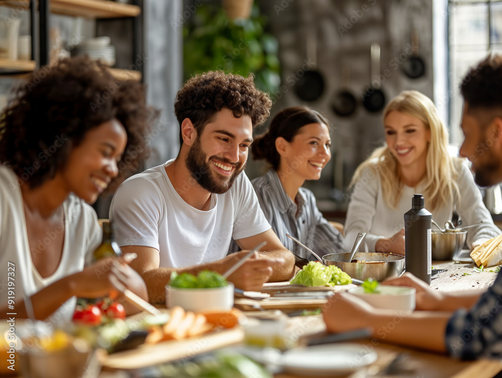 A group of people are sitting around a table with a variety of food, including a salad. They are all smiling and seem to be enjoying each other's company. Scene is warm and friendly A group of people are sitting around a table with a variety of food, including a salad. They are all smiling and seem to be enjoying each other's company. Scene is warm and friendly
