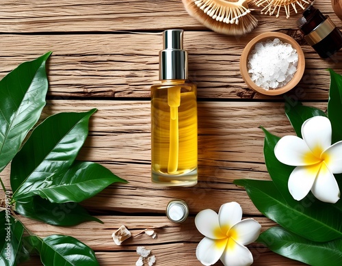 A flat lay of facial serum with natural ingredients on a wooden countertop, emphasizing self-care