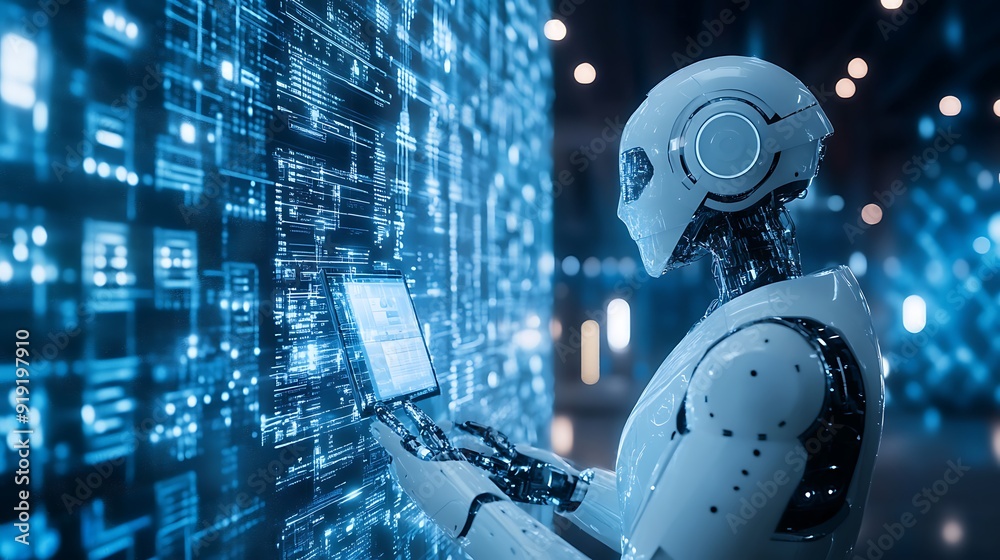 AI Robot Working on Digital Interface AI Robot Working on Digital Interface