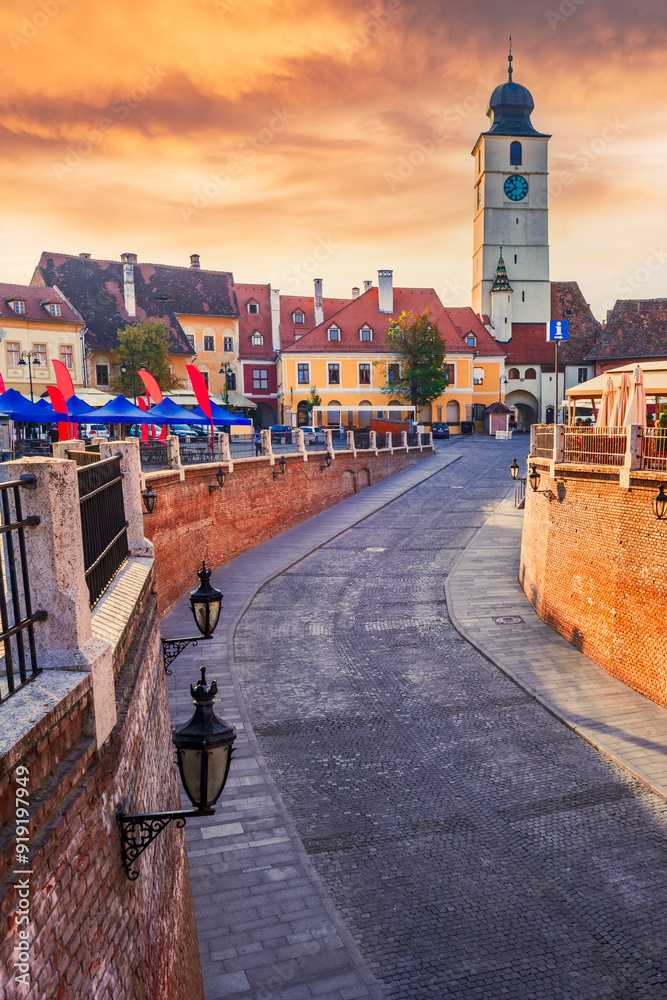 Sibiu, Romania - Historical downtown and Liars Bridge, Transylvania.