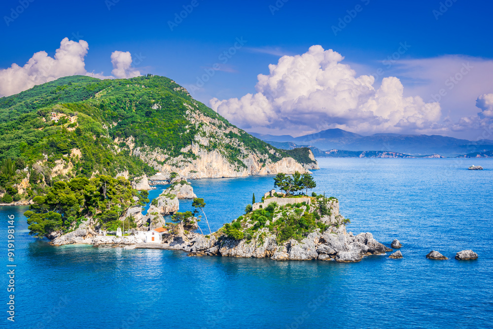 Parga, Greece. Aerial view of beautiful colorful coastal town in Epirus, Greek holidays.