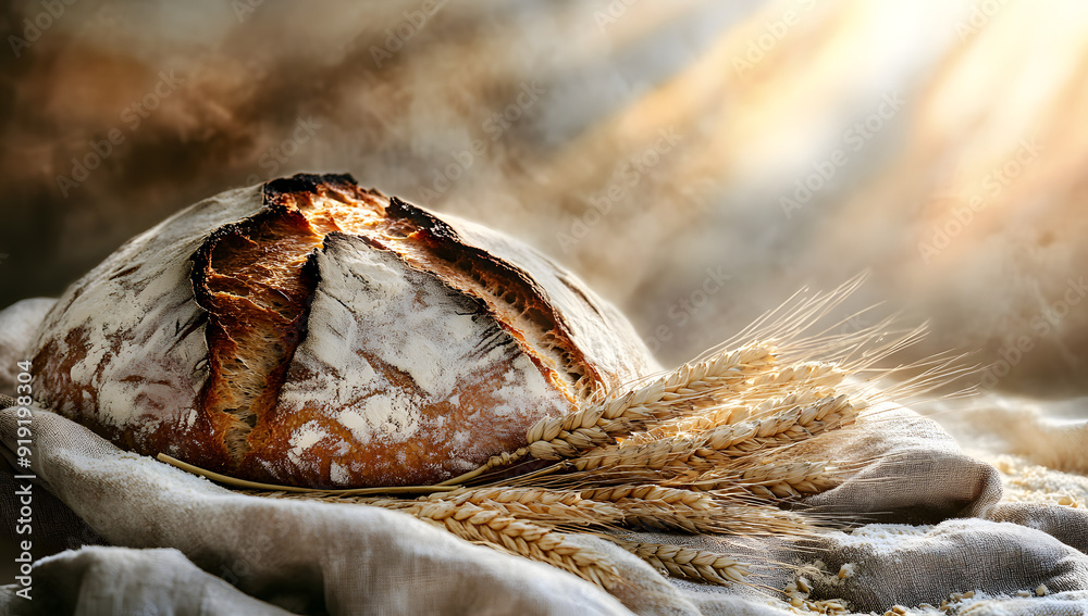 Rustic Loaf of Sourdough Bread Cut in Half and Placed on Wooden Board Rustic Loaf of Sourdough Bread Cut in Half and Placed on Wooden Board