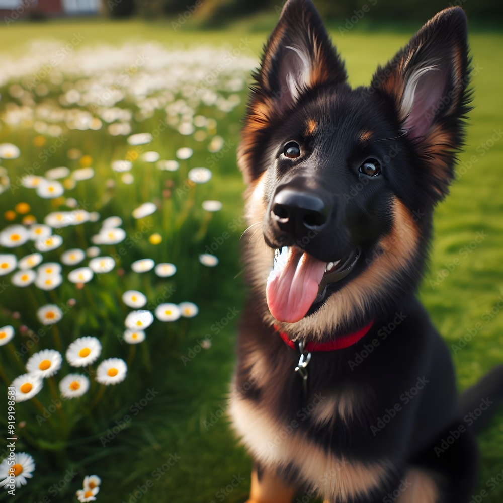 A close-up of a happy German Shepherd dog with its tongue out, set against a backdrop of warm autumn colors, including red berries and ferns. A close-up of a happy German Shepherd dog with its tongue out, set against a backdrop of warm autumn colors, including red berries and ferns.