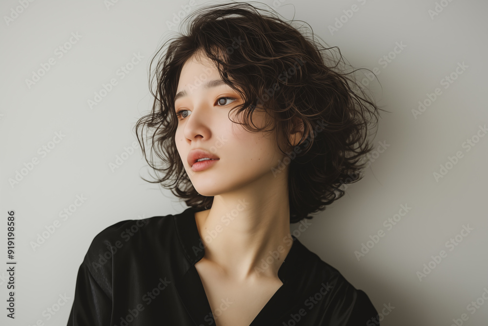young asian woman with curly short hair looking away in profile young asian woman with curly short hair looking away in profile