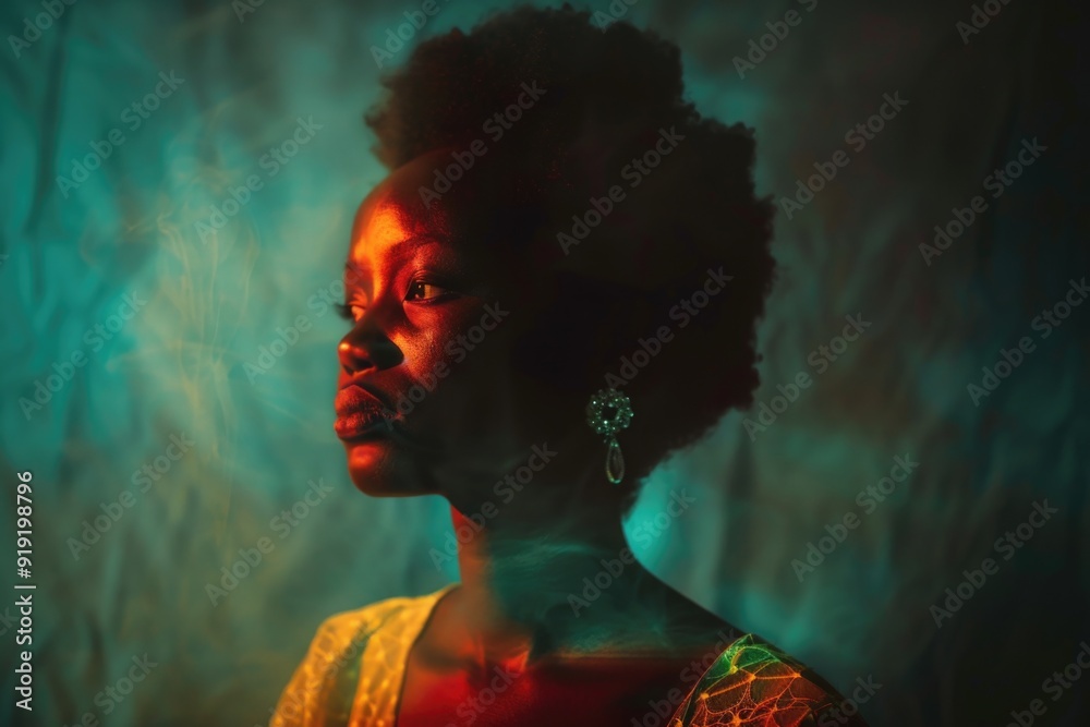 A woman with a natural hairstyle looks off-camera, possibly lost in thought A woman with a natural hairstyle looks off-camera, possibly lost in thought