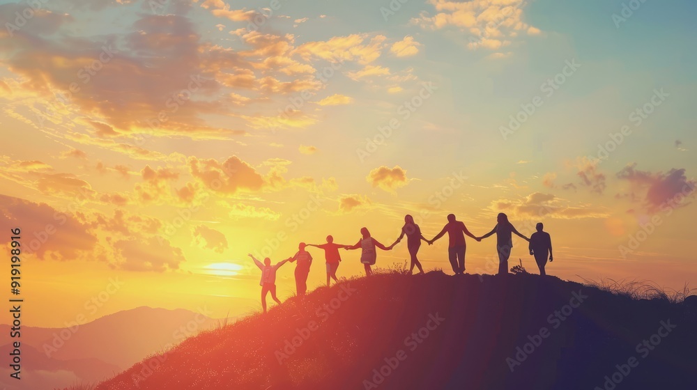 Silhouettes of people holding hands on a mountaintop at sunset Silhouettes of people holding hands on a mountaintop at sunset