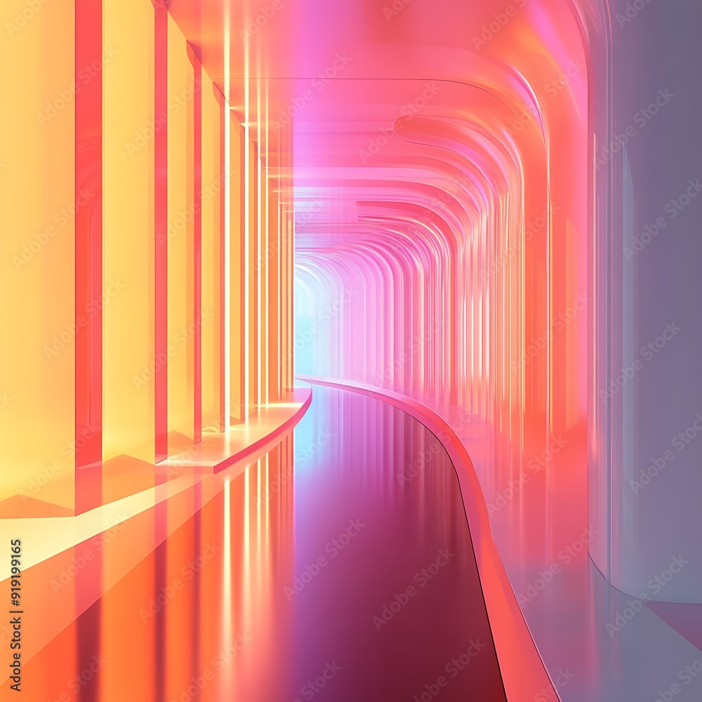 Fototapeta premium Neon-Lit Abstract Hallway with Curved Walls and Reflective Floor