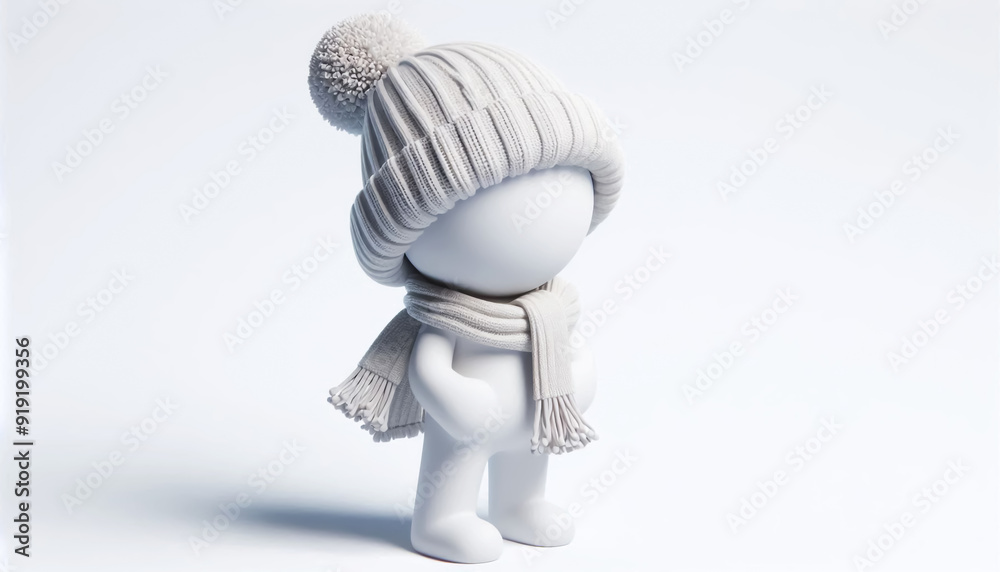 3D white figure with woolen hat, scarf. Winter time 3D white figure with woolen hat, scarf. Winter time