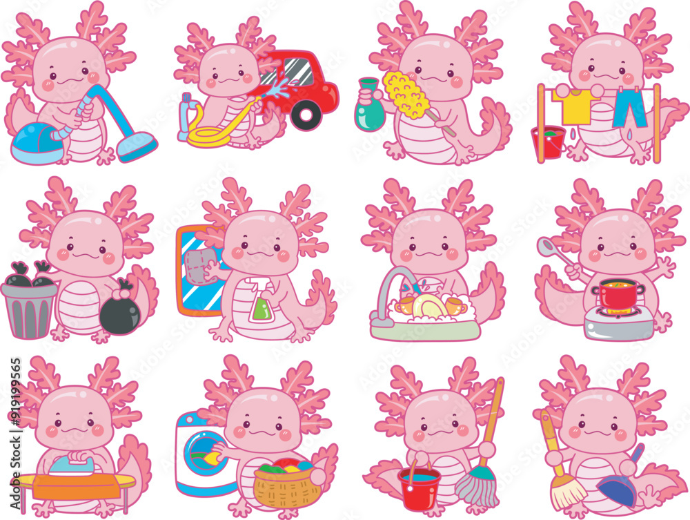 Illustration of cute axolotl activities icon.
Funny pink axolotl in daily routine stickers. Illustration of cute axolotl activities icon.
Funny pink axolotl in daily routine stickers.