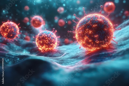 futuristic medical illustration of car tcell therapy 3d rendered t cells with glowing chimeric antigen receptors attacking cancer cells nanotechinspired design vibrant blues and whites photo