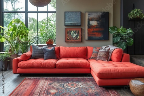 chic coral sectional sofa anchoring a moody living room dark beige walls adorned with eclectic art pieces creating a sophisticated gallerylike atmosphere with pops of color photo