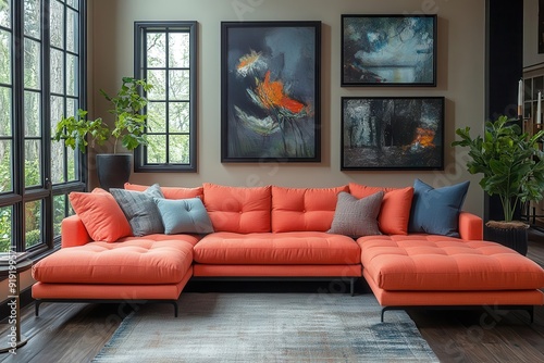 chic coral sectional sofa anchoring a moody living room dark beige walls adorned with eclectic art pieces creating a sophisticated gallerylike atmosphere with pops of color photo