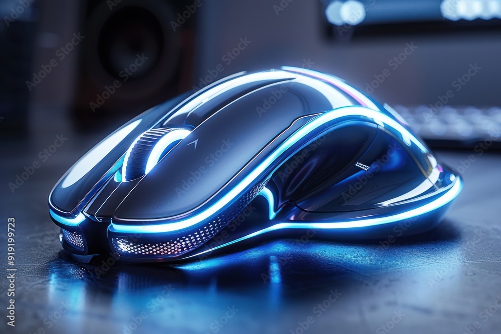 Futuristic Gaming Mouse with Blue Neon Lights Futuristic Gaming Mouse with Blue Neon Lights