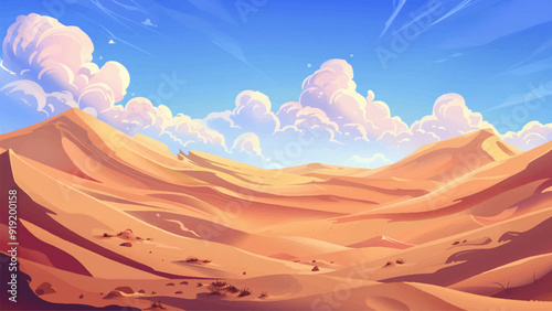 Desert Sand Dunes Mesmerising Landscape Cartoon Illustration Breathtaking Scene Golden Sands Endless Horizons Rolling Dunes Serene Atmosphere Sunlit Environment Exotic Location