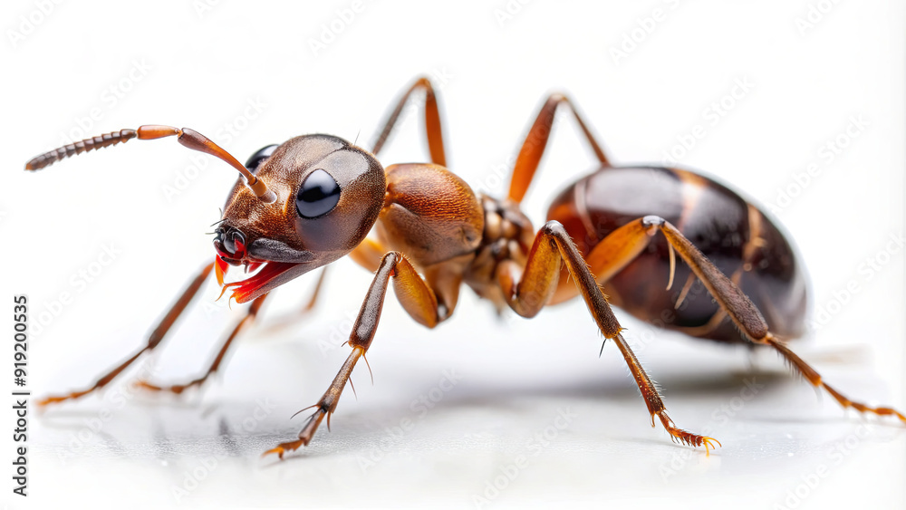 A brown ant crawls on a smooth white surface, displaying intricate details of its body and antennae in a natural position A brown ant crawls on a smooth white surface, displaying intricate details of its body and antennae in a natural position