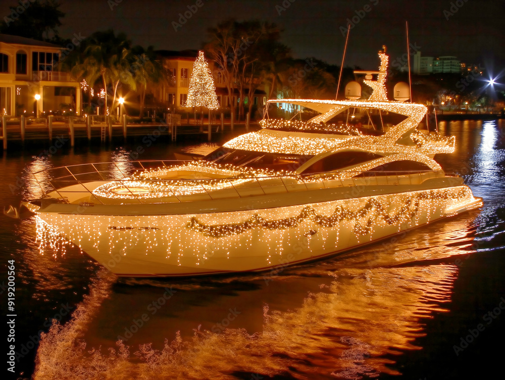 A boat is decorated with lights and is floating on a body of water. The lights on the boat create a festive and joyful atmosphere
