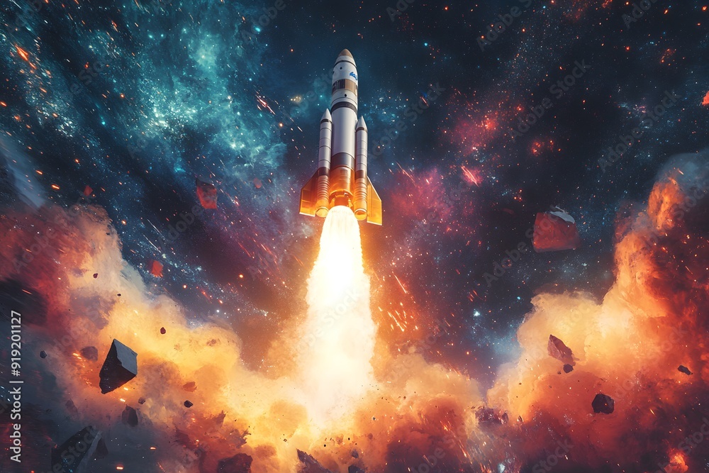 Fototapeta premium Rocket Launch into Space with Cosmic Dust and Nebula.