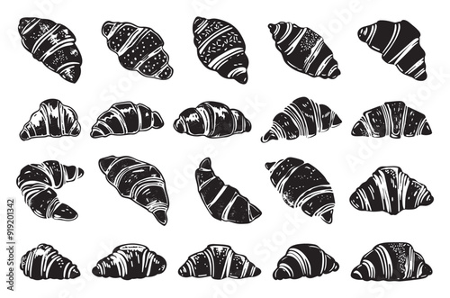 Differents Croissants Linocut Print Style Icons Set Varied Croissant Types Neat Thick Strokes Detailed Pastry Designs Black on White Background Bakery Icons
