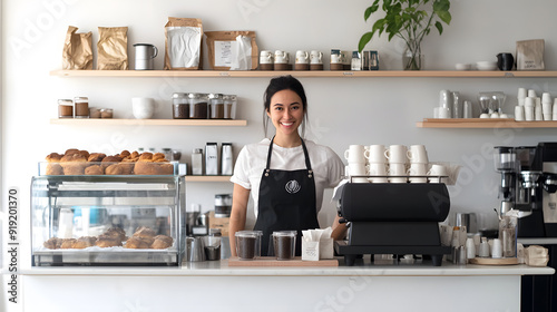 Asian barista smiles confidently behind the counter of her modern coffee shop, surrounded by pastries and coffee equipment.