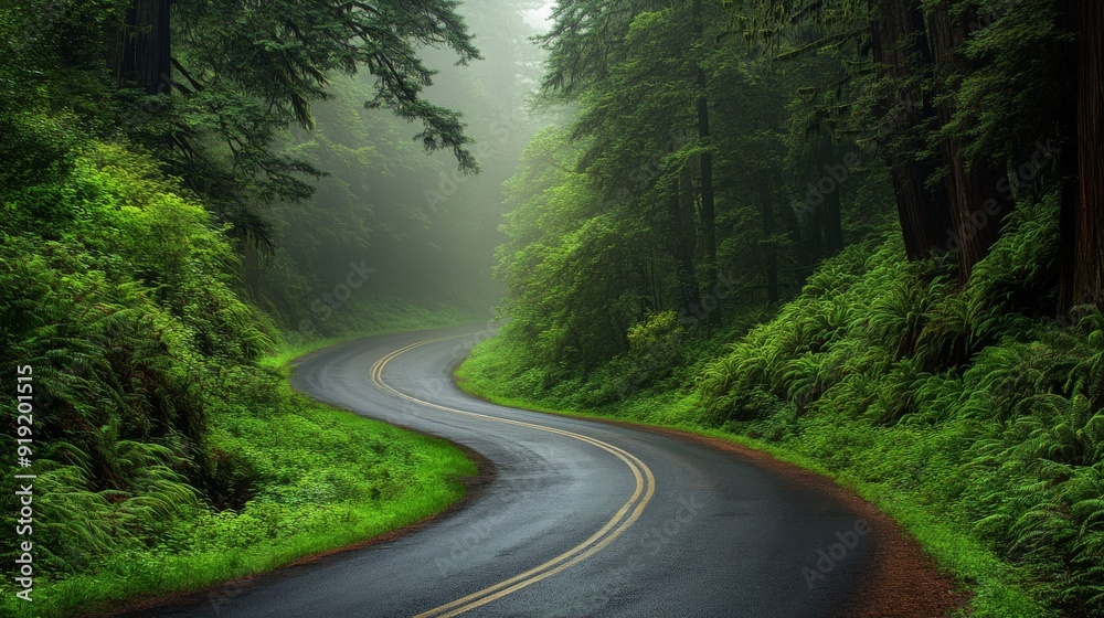 A picturesque road meandering through lush greenery and massive redwoods in the Redwood National Forest, with mist creating a mystical atmosphere A picturesque road meandering through lush greenery and massive redwoods in the Redwood National Forest, with mist creating a mystical atmosphere