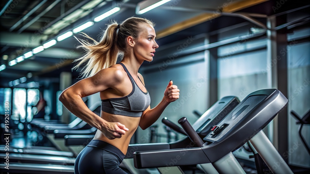 Athletic woman running on a treadmill with determination. Athletic woman running on a treadmill with determination.