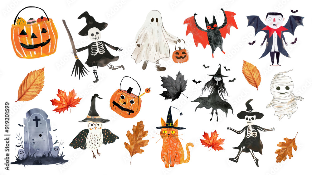 Naklejka premium PNG cute Halloween characters illustration design element set, transparent background