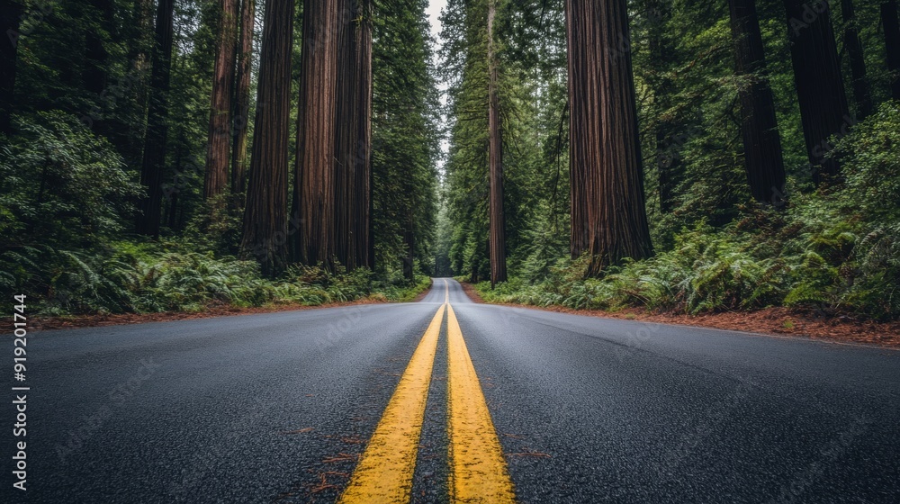 Naklejka premium Dramatic view of a forest road with enormous redwoods towering on both sides, captured in the Redwood National Forest under a cloudy sky