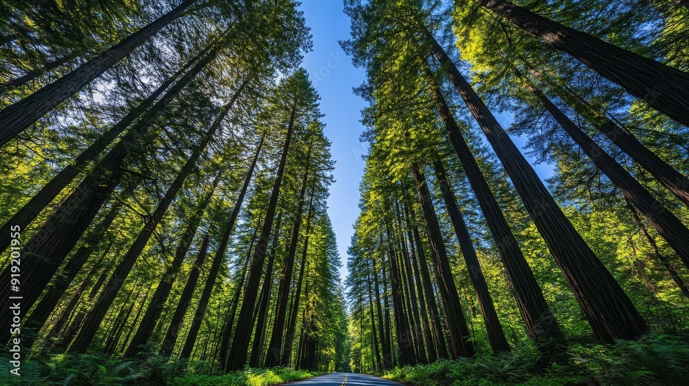 Peaceful drive through a dense forest of ancient redwoods with a clear blue sky overhead, showcasing the grandeur of Redwood National Forest Peaceful drive through a dense forest of ancient redwoods with a clear blue sky overhead, showcasing the grandeur of Redwood National Forest