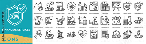 Financial services icon. Wealth Management, Investment Advisory, Financial Planning, Asset Allocation and Retirement Planning