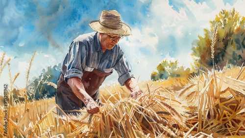 Farmer in the Field at Work Watercolour Illustration Agricultural Scene Working in the Field Rural Landscape Farmer Plowing Crops Harvesting Nature Countryside Farm Life