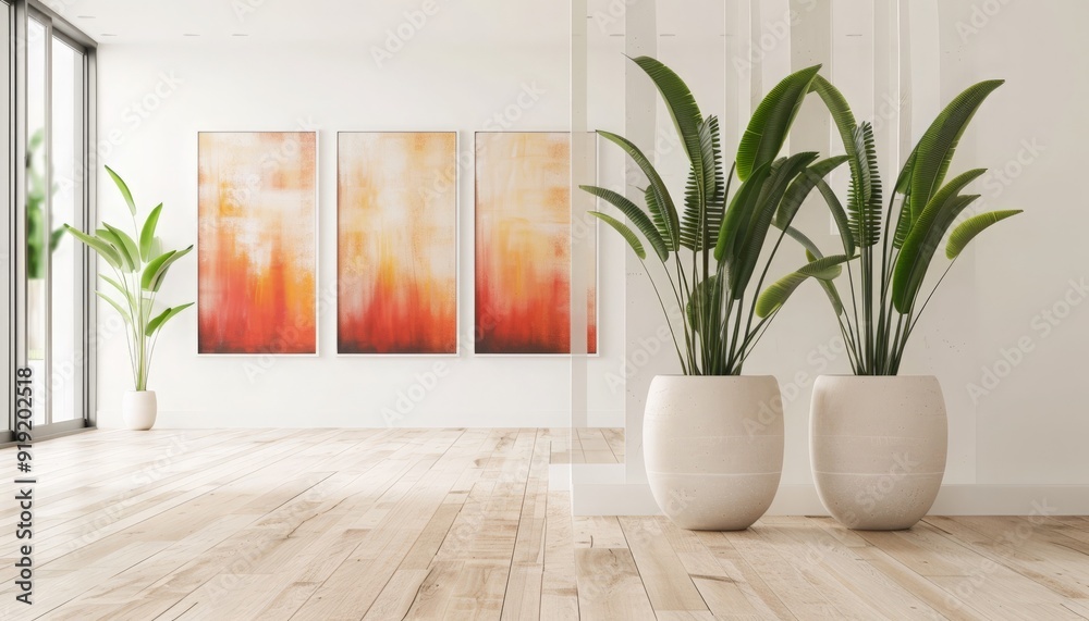 Minimalist living room interior with potted plants and abstract artwork. Minimalist living room interior with potted plants and abstract artwork.