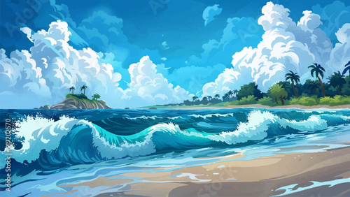 Foamy Waves Rolling Up Landscape Cartoon Illustration Ocean Waves White Foam Beach Shoreline Sea Water Scenery Coastal Background Dynamic Movement