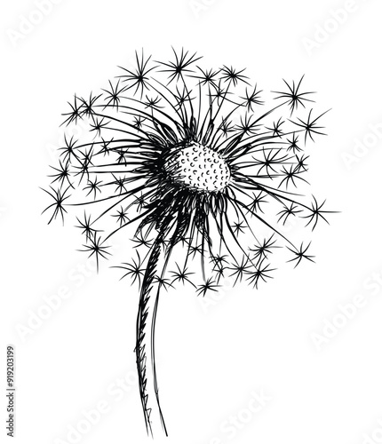 The sketch of field dandelion with seeds.
