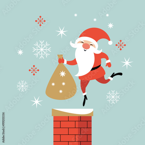 Cute Santa Comes Down the Chimney, Christmas Card