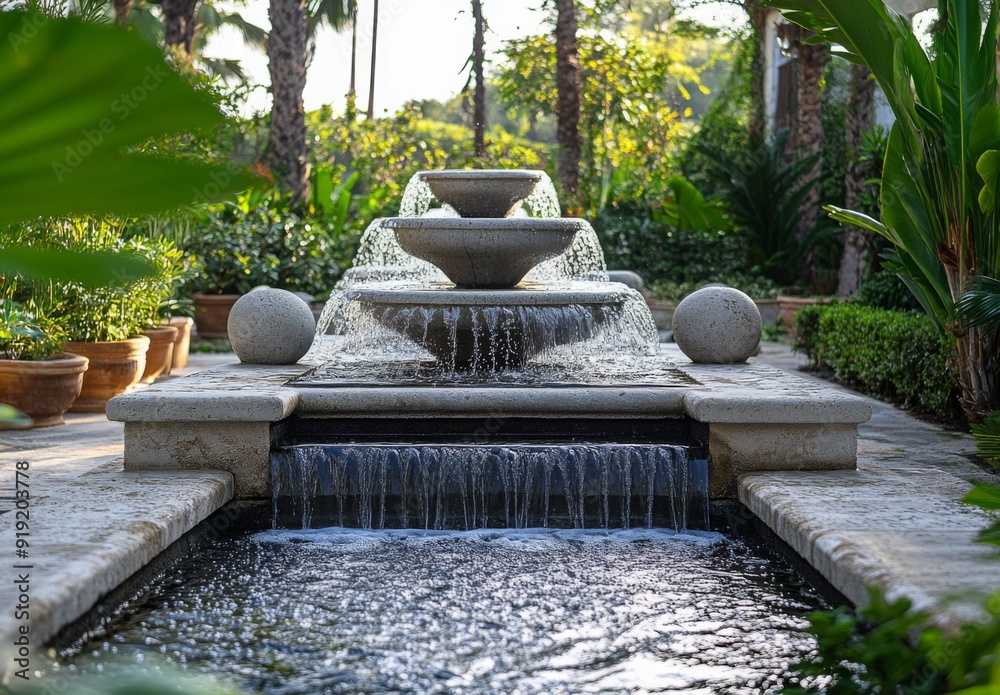 A sophisticated water feature with sculpted stone fountains, creating a tranquil ambiance in a luxurious garden setting A sophisticated water feature with sculpted stone fountains, creating a tranquil ambiance in a luxurious garden setting