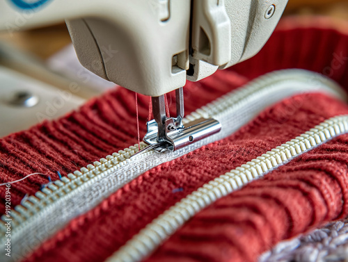 A sewing machine is in use, with a red and white shirt being sewn