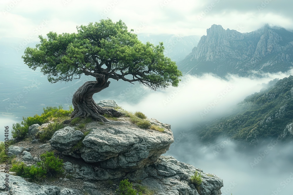 gnarled ancient tree clings to craggy mountaintop roots intertwined with weathered rock ethereal mist swirls as distant peaks pierce cloudy horizon gnarled ancient tree clings to craggy mountaintop roots intertwined with weathered rock ethereal mist swirls as distant peaks pierce cloudy horizon