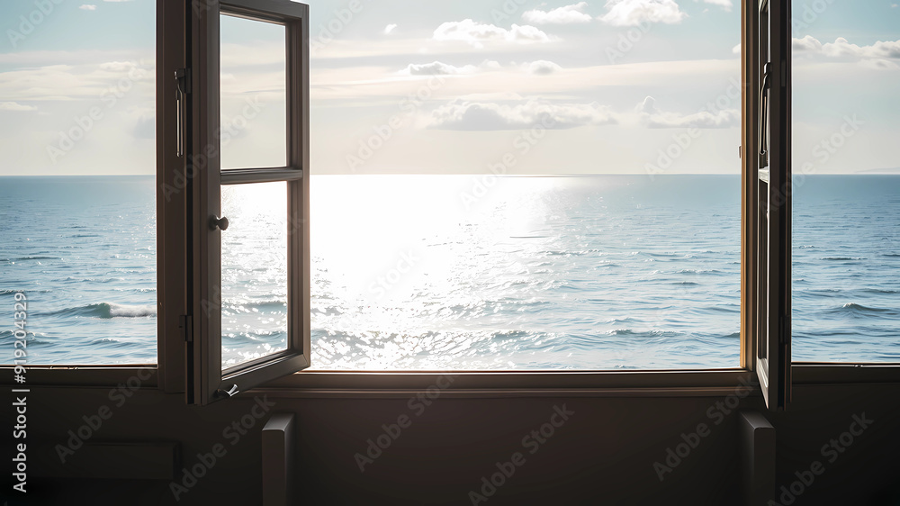 A window overlooking the calm sea of summer A window overlooking the calm sea of summer