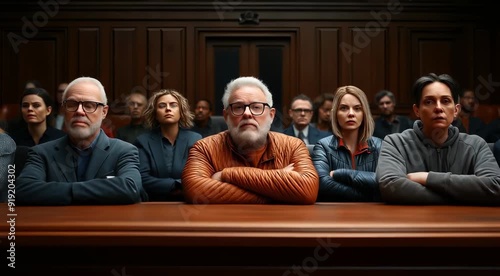 Diverse group of people seated in a courtroom with serious expressions, likely jury members or audience, in a wooden-paneled setting.