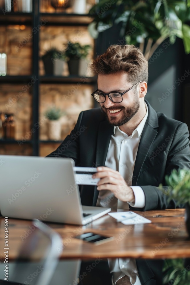 A person sitting at a desk with a laptop and credit card, possibly doing online banking or shopping A person sitting at a desk with a laptop and credit card, possibly doing online banking or shopping