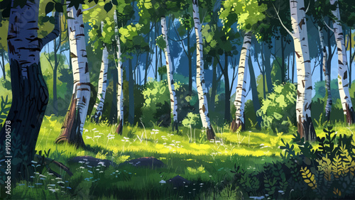 Glade Overgrown With Lush Birch Trees Cartoon Illustration Forest Scene Verdant Foliage Greenery Nature Scenic Beauty Tranquil Setting Serene Atmosphere Leafy Branches Woodland