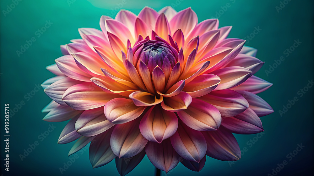 Obraz premium A stunning dahlia flower showcases intricate petals in shades of pink and orange, elegantly blooming against a gentle blue-green background