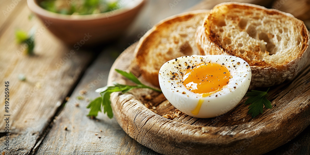 A soft-boiled egg paired with crispy bread sits invitingly on a wooden table, creating a wholesome and simple copy space image