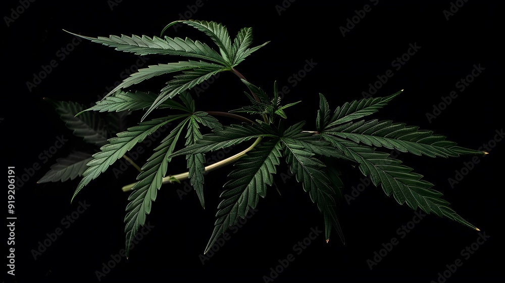 Marijuana leaves on a black background, close up top view on cannabis leaves and branches on black background for alternative medical and marketing design concept Marijuana leaves on a black background, close up top view on cannabis leaves and branches on black background for alternative medical and marketing design concept
